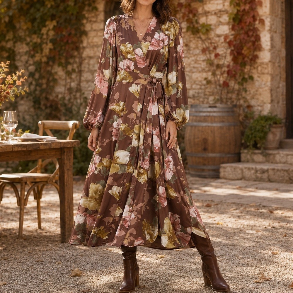 ONETHELAND Size L Wrap Dress Brown Floral Satin Balloon Sleeve Midi Womens